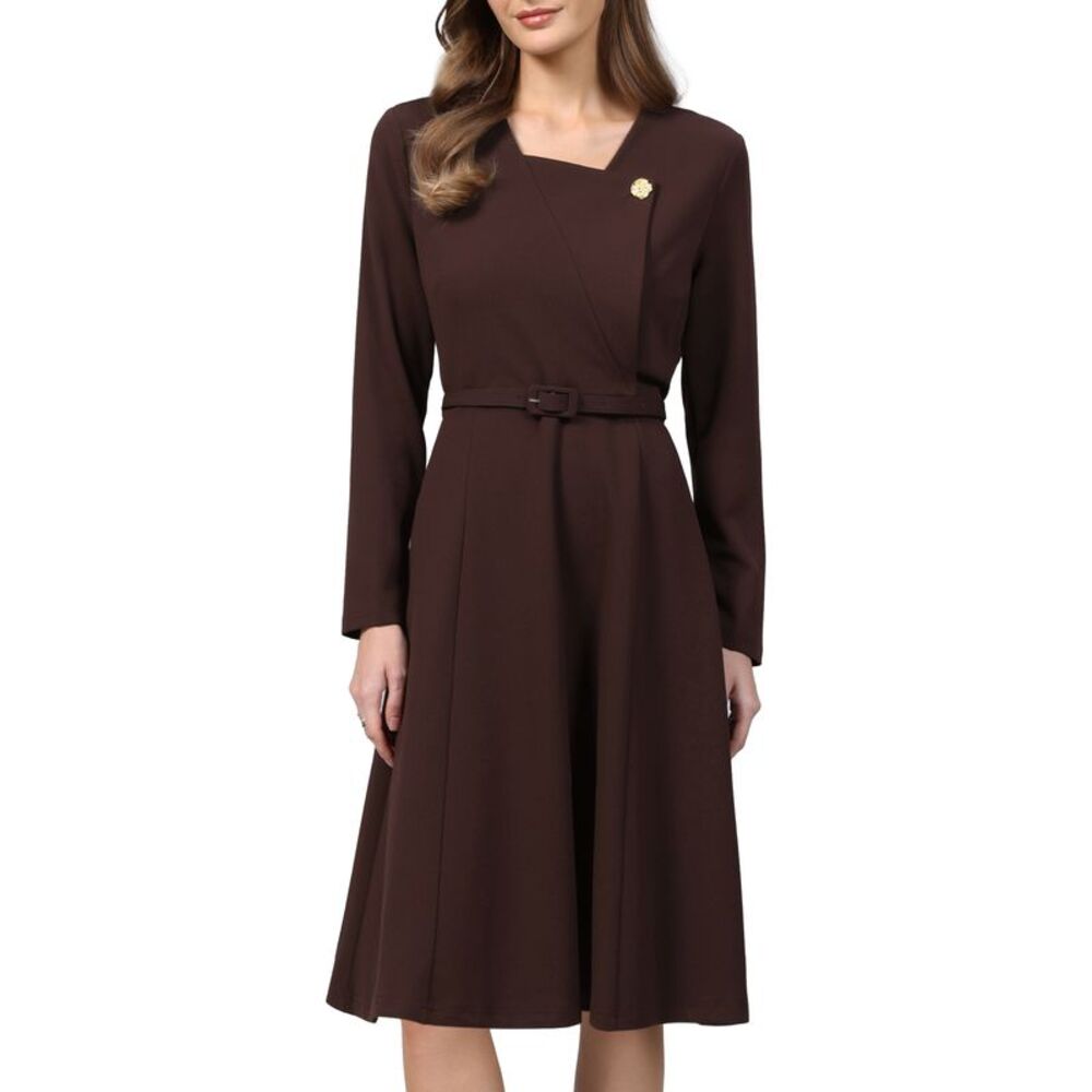 Women Lapel V Neck Long Sleeve A-Line with Belted Work Dress  Dark Brown